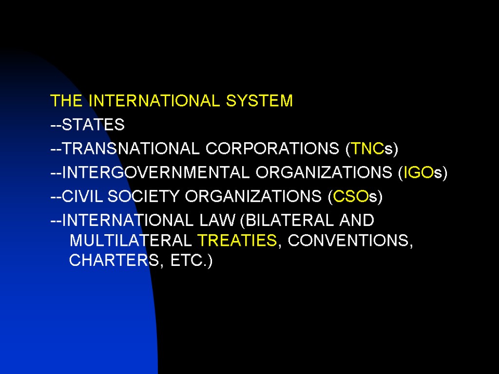 THE INTERNATIONAL SYSTEM --STATES --TRANSNATIONAL CORPORATIONS (TNCs) --INTERGOVERNMENTAL ORGANIZATIONS (IGOs) --CIVIL SOCIETY ORGANIZATIONS (CSOs)